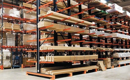 Cantilever rack storing lumber and wood products