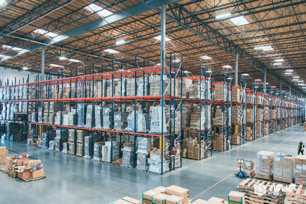 Industrial pallet racks loaded with pallets in a warehouse
